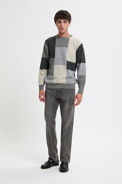 Intarsia Black Pattern Crew Sweater