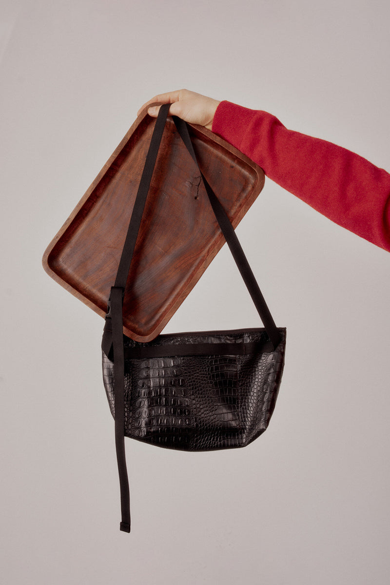 Marsupio a Tracolla Pelle Vegana Nera Effetto Coccodrillo