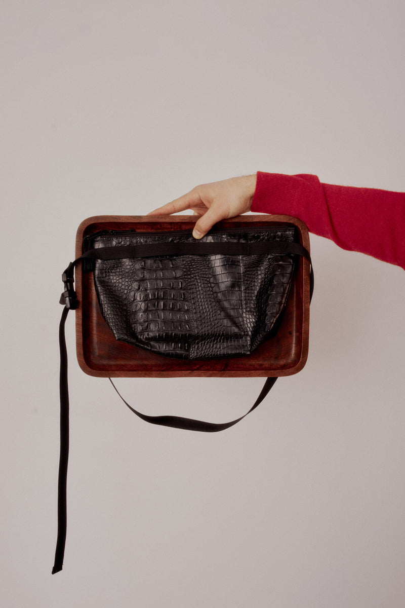 Marsupio a Tracolla Pelle Vegana Nera Effetto Coccodrillo