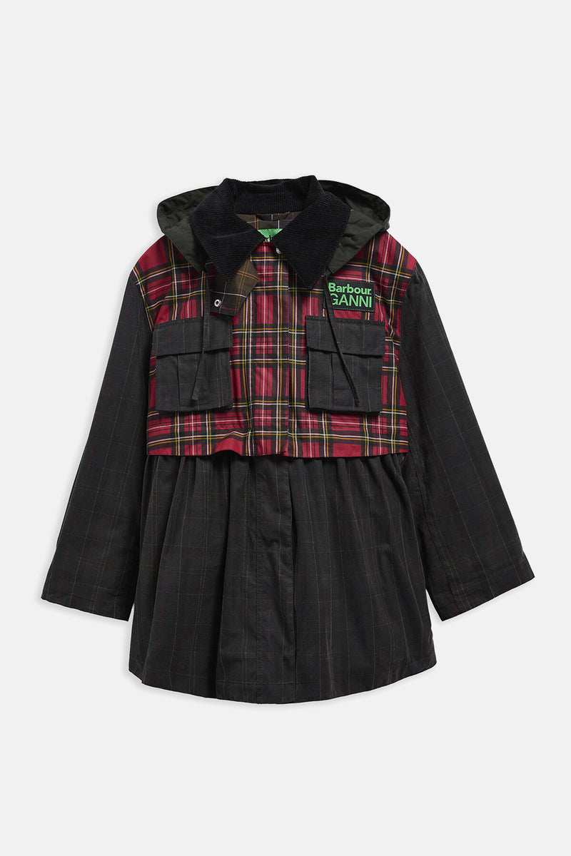 Giacca cerata con peplo e dettagli in tartan Barbour x GANNI