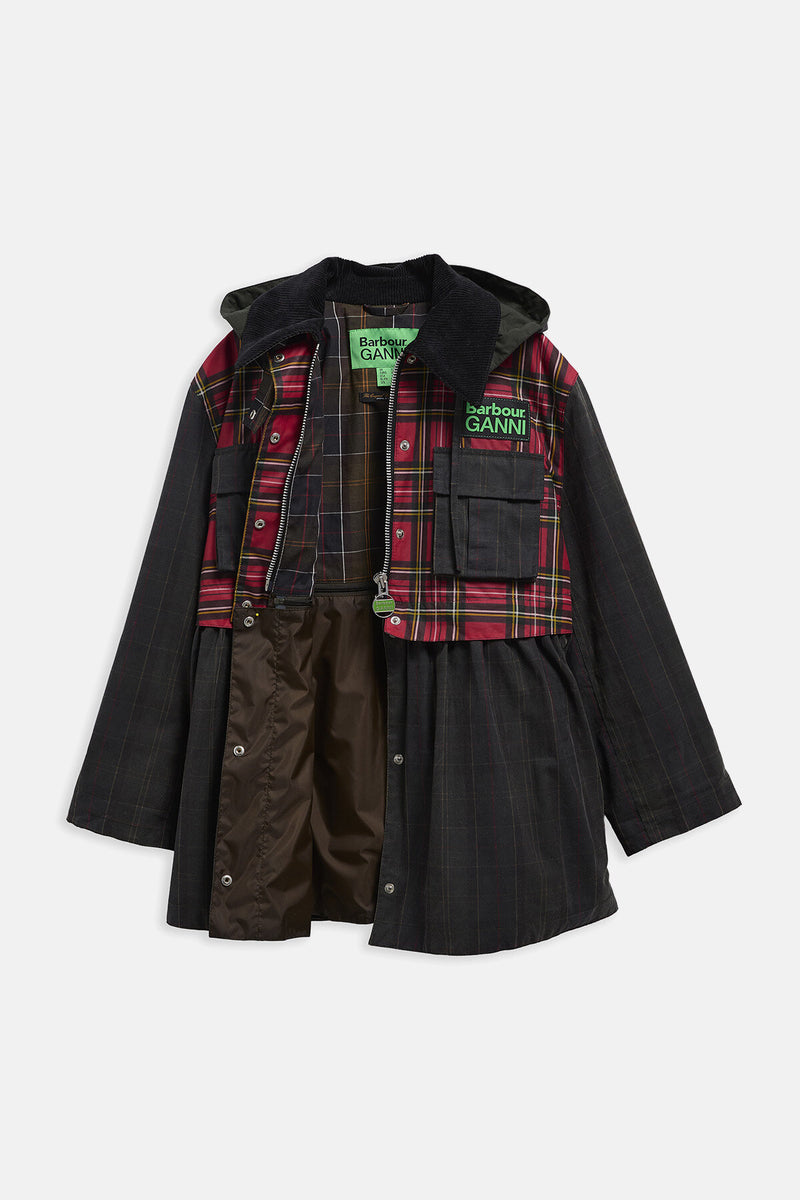 Giacca cerata con peplo e dettagli in tartan Barbour x GANNI