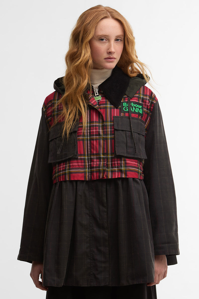 Giacca cerata con peplo e dettagli in tartan Barbour x GANNI