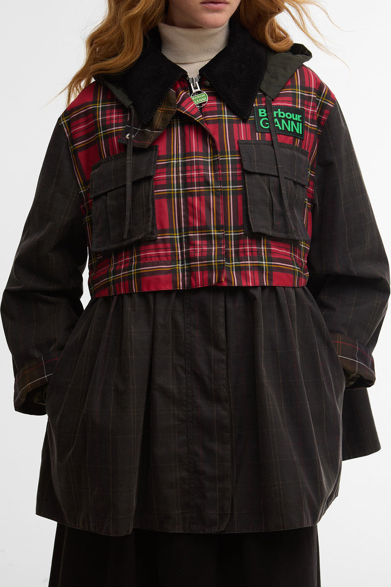 Giacca cerata con peplo e dettagli in tartan Barbour x GANNI