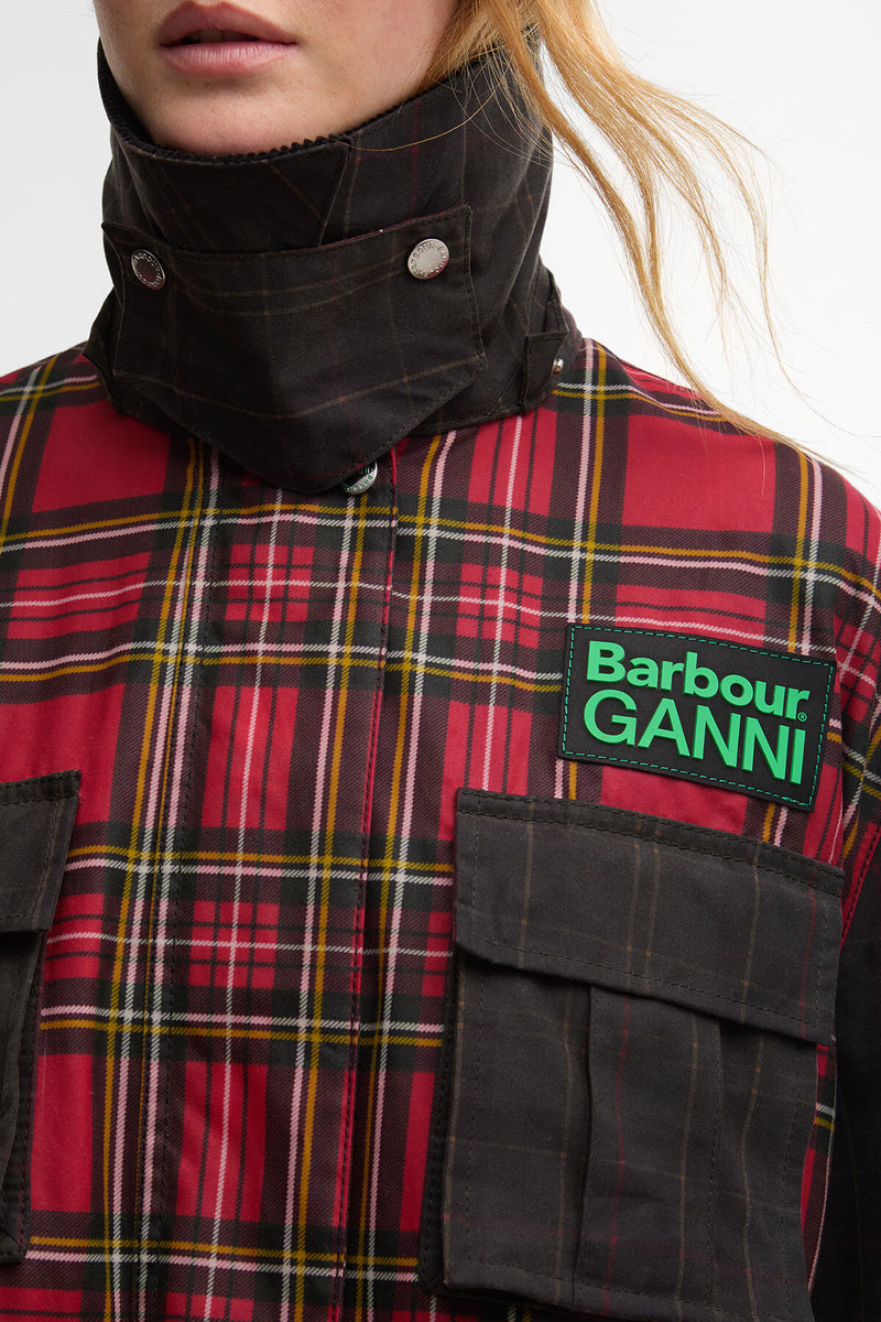 Giacca cerata con peplo e dettagli in tartan Barbour x GANNI