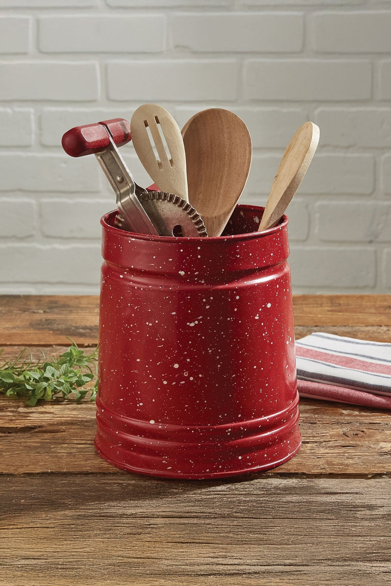 Red Graniteware Enamel Utensil Crock